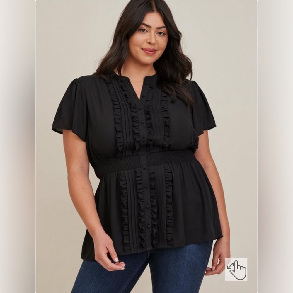 torrid Black Ruffle Button-Front Smocked Waist Blouse